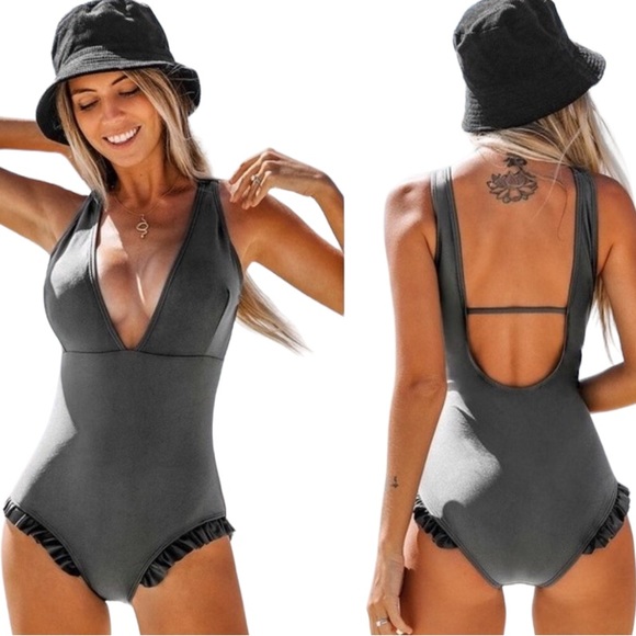 NWT Cupshe Sweet Smile Pewter Gray Ruffle Cutout Swimsuit - S - Picture 1 of 14